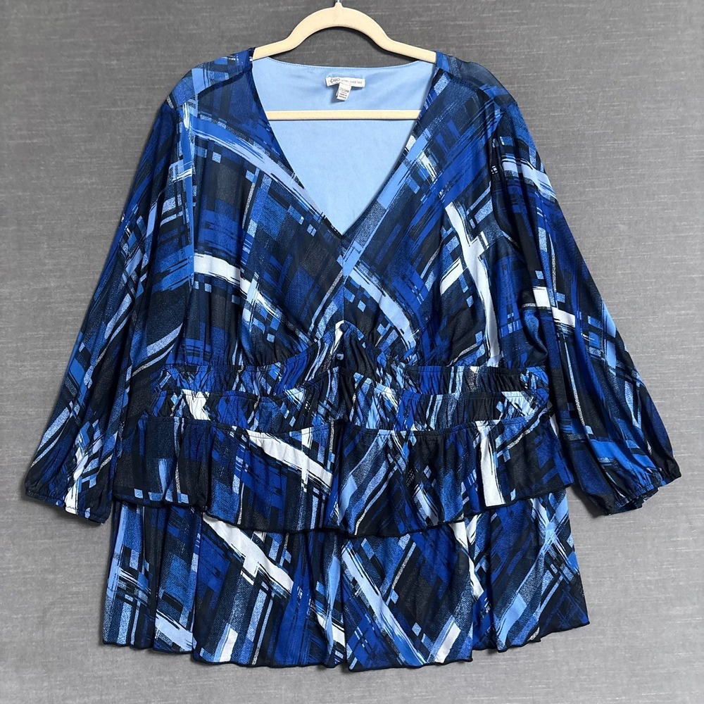 Cato Top 22/24W Blue Smocked Balloon Peplum Sheer Cocktail Classic Career Date